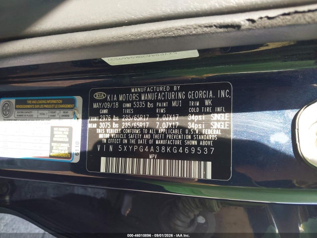Aukcja sprzedaży 2019 Kia Sorento 2.4l Lx, vin: 5XYPG4A38KG469537, numer aukcji: 46010896