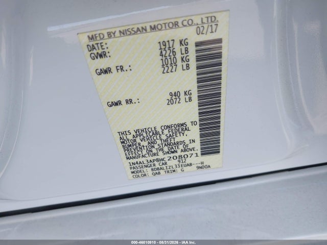 Продаж на аукціоні авто 2017 Nissan Altima 2.5 Sv, vin: 1N4AL3AP8HC208071, номер лоту: 46010910