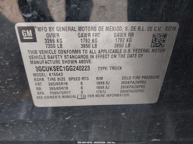 46010915 :رقم المزاد ، 3GCUKSEC1GG240223 vin ، 2016 Chevrolet Silverado 1500 Ltz مزاد بيع