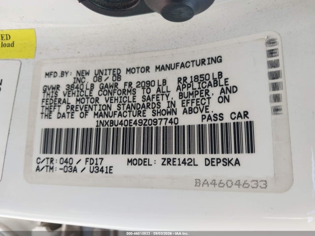 46010933 :رقم المزاد ، 1NXBU40E49Z097740 vin ، 2009 Toyota Corolla S مزاد بيع
