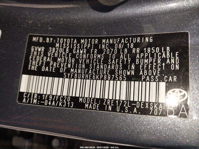 Продаж на аукціоні авто 2019 Toyota Corolla Se, vin: 5YFBURHE6KP887565, номер лоту: 46010939