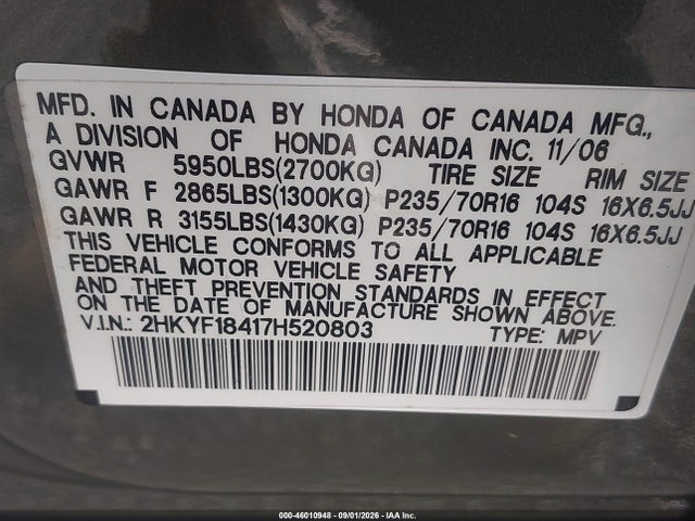 2007 Honda Pilot Ex მანქანა იყიდება აუქციონზე, vin: 2HKYF18417H520803, აუქციონის ნომერი: 46010948