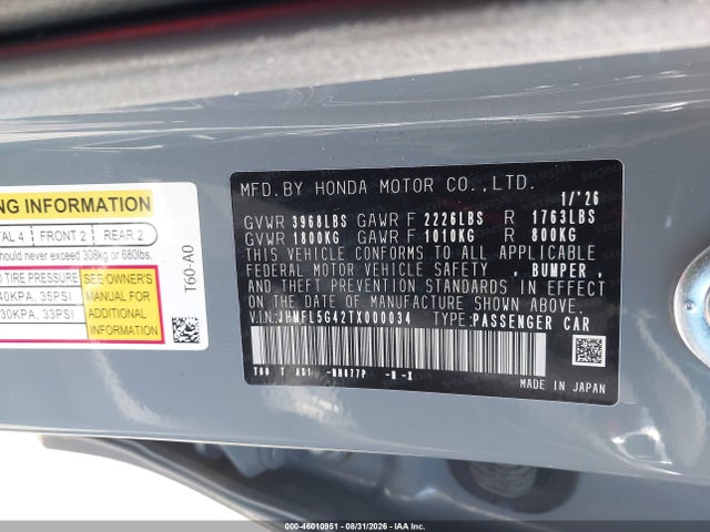 Продаж на аукціоні авто 2026 Honda Civic Type R, vin: JHMFL5G42TX000034, номер лоту: 46010951