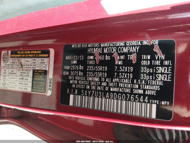 46010955 :رقم المزاد ، 5XYZU3LA9DG076544 vin ، 2013 Hyundai Santa Fe Sport 2.0t مزاد بيع
