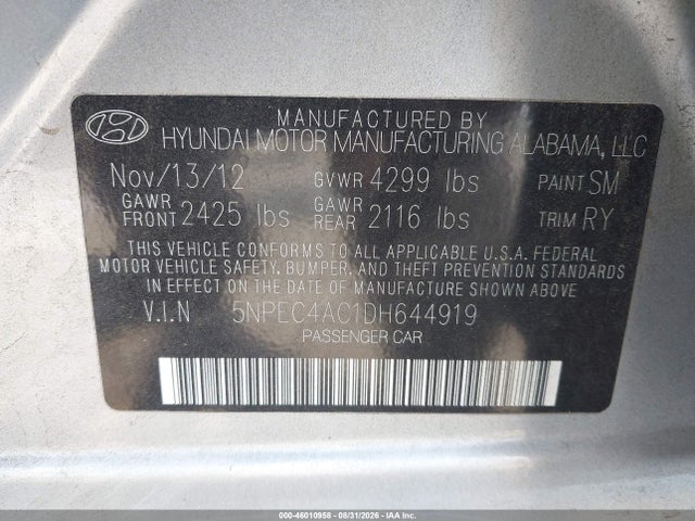 Aukcja sprzedaży 2013 Hyundai Sonata Limited, vin: 5NPEC4AC1DH644919, numer aukcji: 46010958