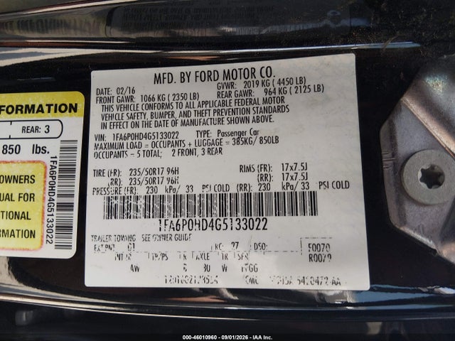 46010960 :رقم المزاد ، 1FA6P0HD4G5133022 vin ، 2016 Ford Fusion Se مزاد بيع