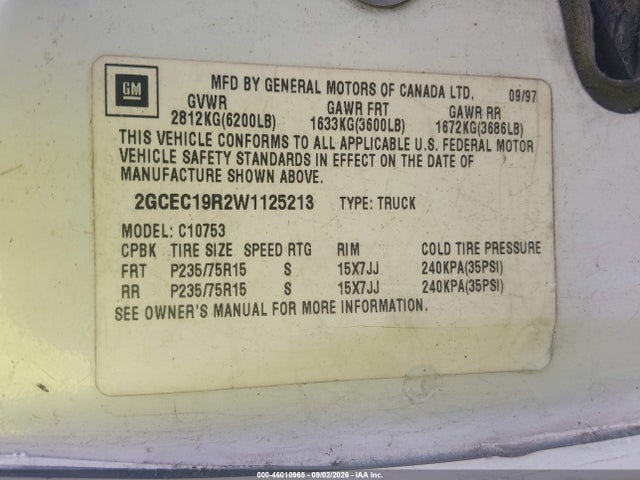 46010965 :رقم المزاد ، 2GCEC19R2W1125213 vin ، 1998 Chevrolet C1500 Fleetside مزاد بيع