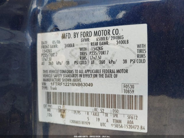 2006 Ford F-150 Stx/xl/xlt მანქანა იყიდება აუქციონზე, vin: 1FTRF12216NB63049, აუქციონის ნომერი: 46010978