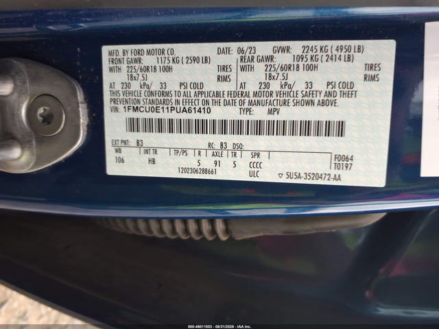 2023 Ford Escape Phev მანქანა იყიდება აუქციონზე, vin: 1FMCU0E11PUA61410, აუქციონის ნომერი: 46011003