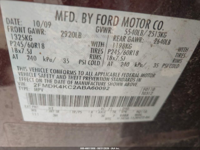 Auction sale of the 2010 Ford Edge Limited, vin: 2FMDK4KC2ABA60092, lot number: 46011008