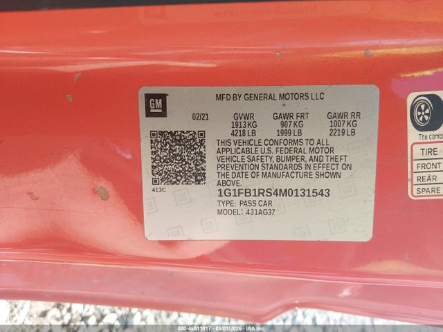 Продаж на аукціоні авто 2021 Chevrolet Camaro Rwd  1lt, vin: 1G1FB1RS4M0131543, номер лоту: 46011017