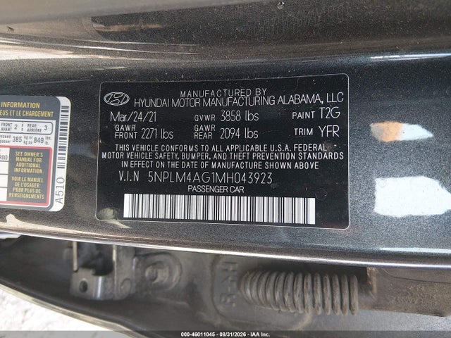 2021 Hyundai Elantra Sel მანქანა იყიდება აუქციონზე, vin: 5NPLM4AG1MH043923, აუქციონის ნომერი: 46011045