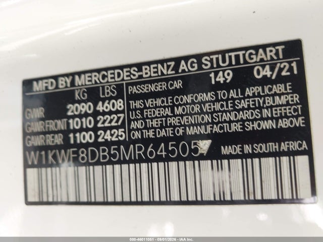 46011051 :رقم المزاد ، W1KWF8DB5MR645057 vin ، 2021 Mercedes-benz C 300 Sedan مزاد بيع