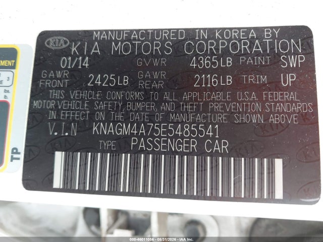 Aukcja sprzedaży 2014 Kia Optima Lx, vin: KNAGM4A75E5485541, numer aukcji: 46011056
