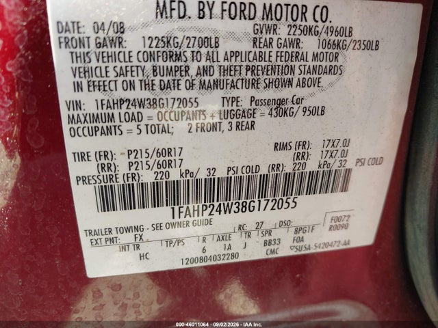 Продаж на аукціоні авто 2008 Ford Taurus Sel, vin: 1FAHP24W38G172055, номер лоту: 46011064