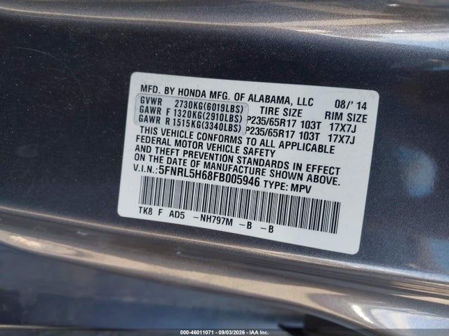 46011071 :رقم المزاد ، 5FNRL5H68FB005946 vin ، 2015 Honda Odyssey Ex-l مزاد بيع