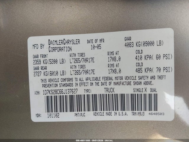 46011085 :رقم المزاد ، 1D7KS28C66J137627 vin ، 2006 Dodge Ram 2500 Slt/sport مزاد بيع