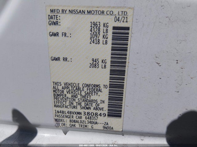 Продаж на аукціоні авто 2021 Nissan Altima S Fwd, vin: 1N4BL4BVXMN380849, номер лоту: 46011089