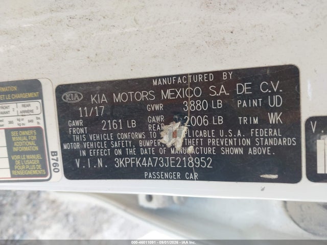 Aukcja sprzedaży 2018 Kia Forte Lx, vin: 3KPFK4A73JE218952, numer aukcji: 46011091