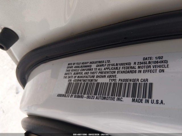 Aukcja sprzedaży 2002 Subaru Outback, vin: 4S3BH675627638754, numer aukcji: 46011096