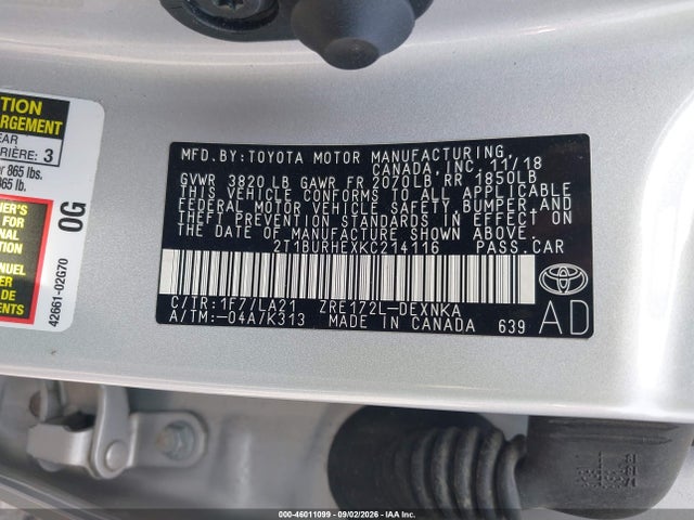 2019 Toyota Corolla Xle მანქანა იყიდება აუქციონზე, vin: 2T1BURHEXKC214116, აუქციონის ნომერი: 46011099