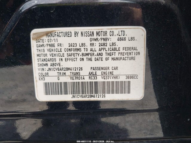 Aukcja sprzedaży 2011 Infiniti G37x, vin: JN1CV6AR2BM412126, numer aukcji: 46011110