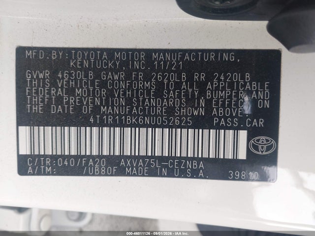 46011126 :رقم المزاد ، 4T1R11BK6NU052625 vin ، 2022 Toyota Camry Le Awd مزاد بيع