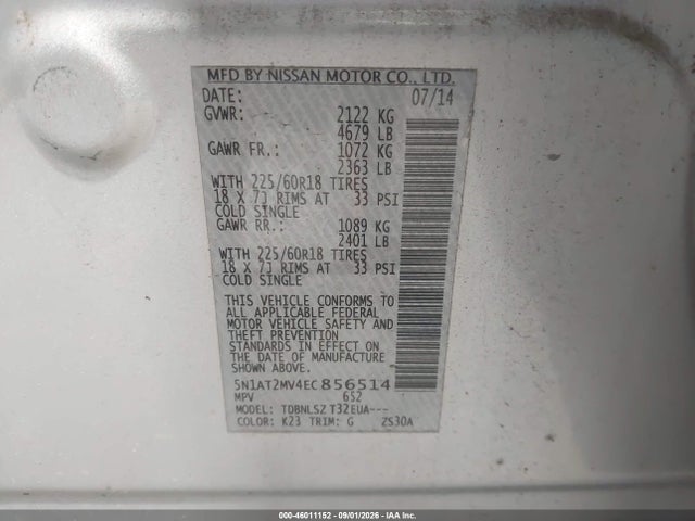 Продажа на аукционе авто 2014 Nissan Rogue Sl, vin: 5N1AT2MV4EC856514, номер лота: 46011152