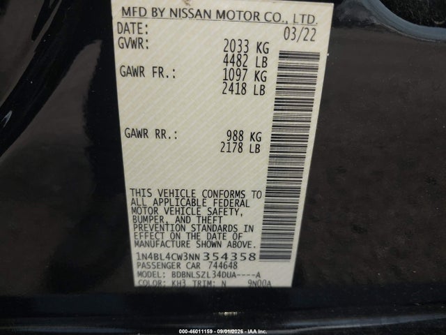 Aukcja sprzedaży 2022 Nissan Altima Sr Intelligent Awd, vin: 1N4BL4CW3NN354358, numer aukcji: 46011159