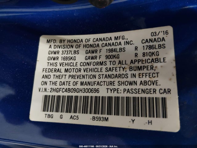 Honda Civic Lx-p 2016 2HGFC4B09GH300696 Image 9