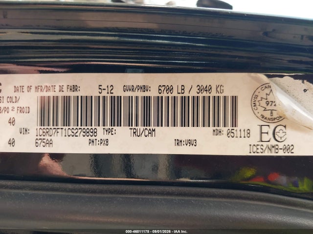 Продаж на аукціоні авто 2012 Ram 1500 St, vin: 1C6RD7FT1CS279898, номер лоту: 46011178