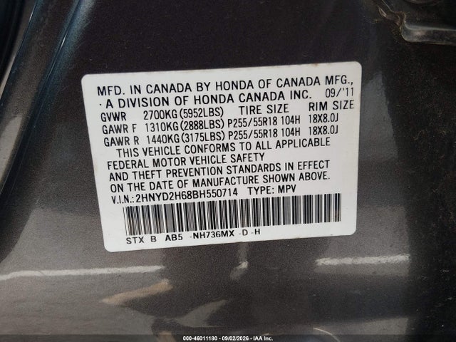 46011180 :رقم المزاد ، 2HNYD2H68BH550714 vin ، 2011 Acura Mdx Technology Package مزاد بيع