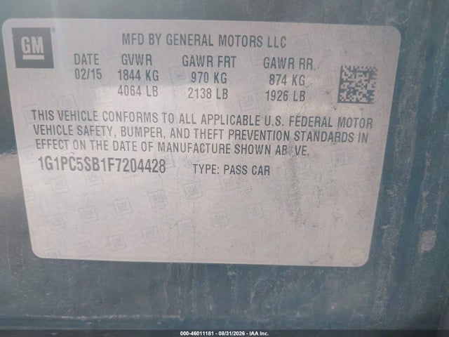 2015 Chevrolet Cruze 1lt Auto მანქანა იყიდება აუქციონზე, vin: 1G1PC5SB1F7204428, აუქციონის ნომერი: 46011181