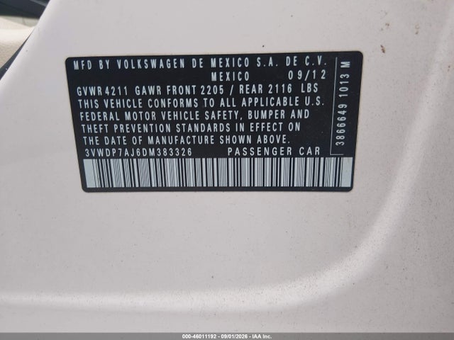 2013 Volkswagen Jetta 2.5l Se მანქანა იყიდება აუქციონზე, vin: 3VWDP7AJ6DM383326, აუქციონის ნომერი: 46011192