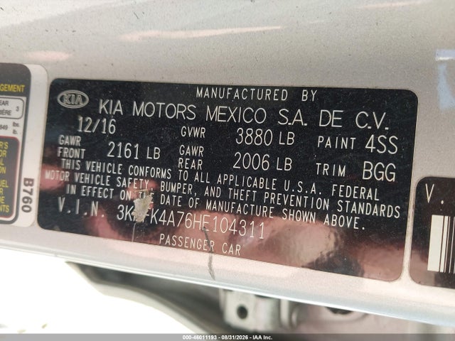 Aukcja sprzedaży 2017 Kia Forte Lx, vin: 3KPFK4A76HE104311, numer aukcji: 46011193