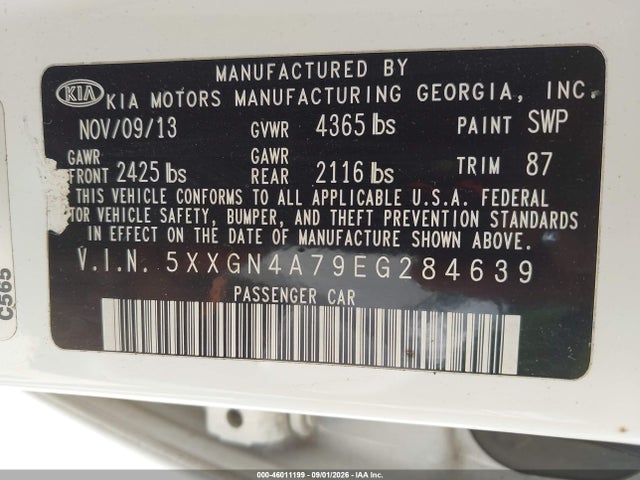 46011199 :رقم المزاد ، 5XXGN4A79EG284639 vin ، 2014 Kia Optima Ex مزاد بيع