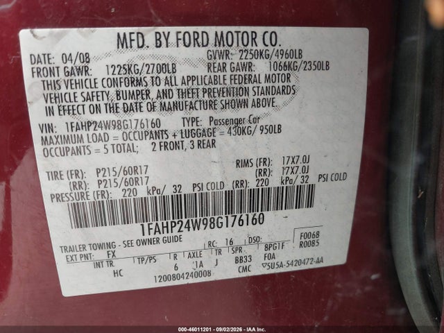 Продаж на аукціоні авто 2008 Ford Taurus Sel, vin: 1FAHP24W98G176160, номер лоту: 46011201