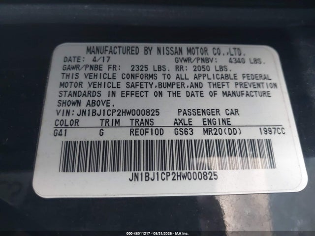 Aukcja sprzedaży 2017 Nissan Rogue Sport Sv, vin: JN1BJ1CP2HW000825, numer aukcji: 46011217