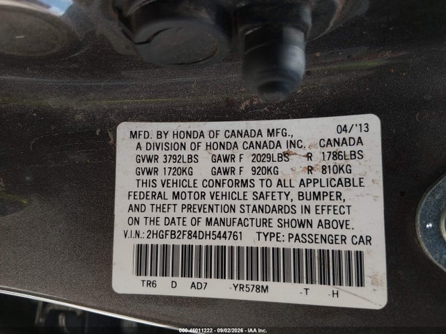 2013 Honda Civic Ex მანქანა იყიდება აუქციონზე, vin: 2HGFB2F84DH544761, აუქციონის ნომერი: 46011222