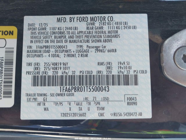 46011232 :رقم المزاد ، 1FA6P8R01T5500043 vin ، 2026 Ford Mustang Dark Horse Fastback مزاد بيع
