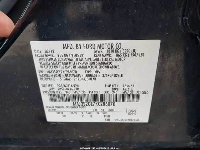 Aukcja sprzedaży 2019 Ford Ecosport Se, vin: MAJ3S2GE7KC286070, numer aukcji: 46011240