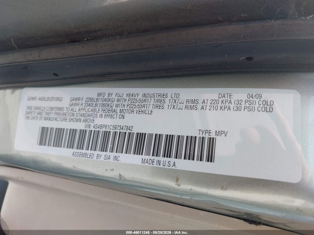 46011248 :رقم المزاد ، 4S4BP61C597347842 vin ، 2009 Subaru Outback 2.5i مزاد بيع