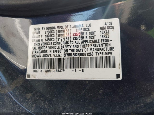 Auction sale of the 2008 Honda Odyssey Lx, vin: 5FNRL38268B071268, lot number: 46011252