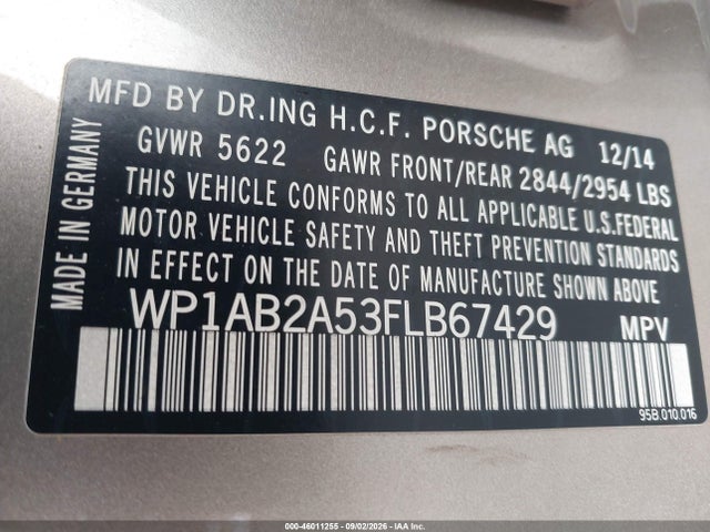 Продаж на аукціоні авто 2015 Porsche Macan S, vin: WP1AB2A53FLB67429, номер лоту: 46011255
