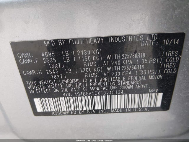 Subaru Outback 2.5i Limited 2015 4S4BSBNCXF3245134 Image 9