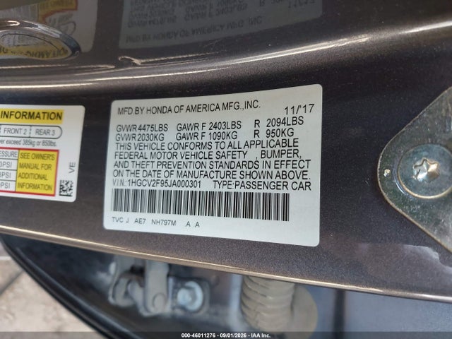 46011276 :رقم المزاد ، 1HGCV2F95JA000301 vin ، 2018 Honda Accord Touring 2.0t مزاد بيع