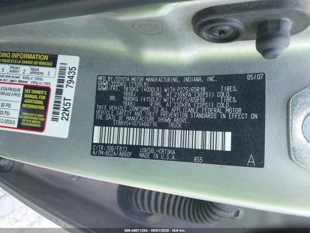 46011284 :رقم المزاد ، 5TBBV54107S466716 vin ، 2007 Toyota Tundra Sr5 5.7l V8 مزاد بيع
