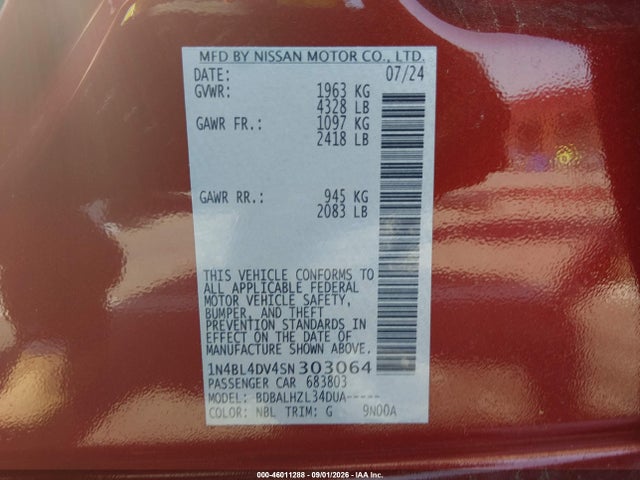 46011288 :رقم المزاد ، 1N4BL4DV4SN303064 vin ، 2025 Nissan Altima Sv Fwd مزاد بيع
