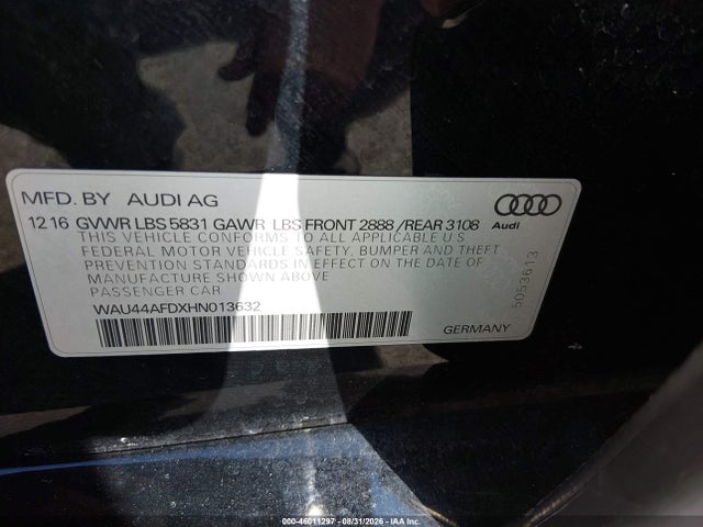 46011297 :رقم المزاد ، WAU44AFDXHN013632 vin ، 2017 Audi A8 L 3.0t مزاد بيع