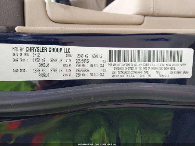 46011305 :رقم المزاد ، 1C4RJFCG1CC220704 vin ، 2012 Jeep Grand Cherokee Overland مزاد بيع
